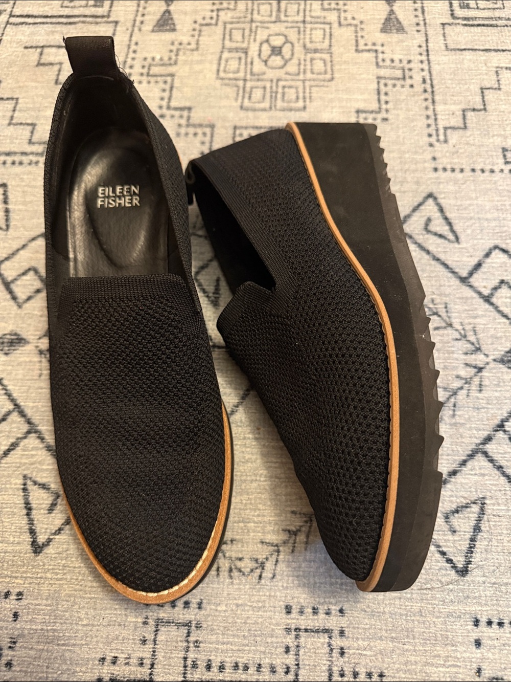 Eileen Fisher Black Knit Slip-On Platform Loafers with Tan Trim